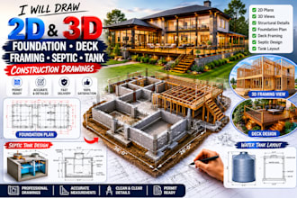 draw 2d, 3d foundation plan deck framing septic and tank construction drawings
