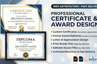 write and design professional certificate, award diploma and appreciation letter