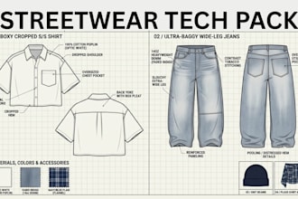 create streetwear fashion tech pack technical flat sketch and apparel design