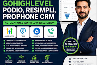 set up gohighlevel, podio, resimpli, prophone CRM automation, workflow integrate