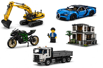create lego minifig, excavator, house, bike, truck, car,partlist and instruction