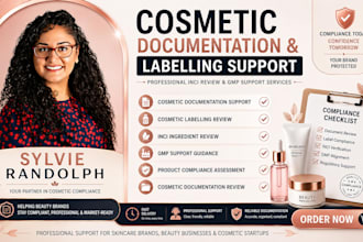 provide cosmetic documentation, cosmetic labeling, inci review, gmp support
