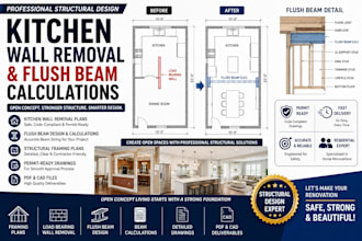 create kitchen wall removal and flush beam design drawings