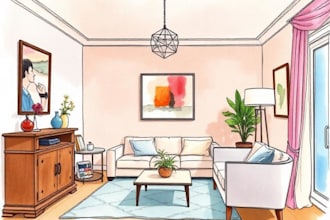 digital sketch interior illustration with watercolour style