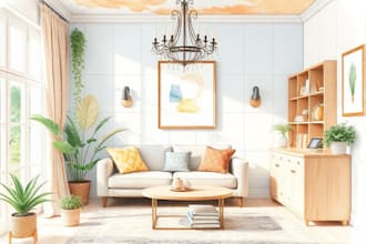 create interior illustration with watercolour style handmade