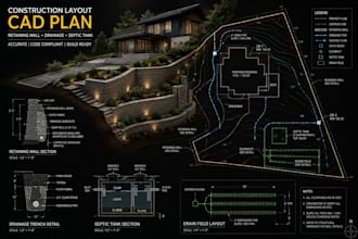 draw construction layout cad plan retaining wall drainage and septic tank drawin