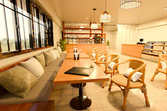 convert your 2d floor plan into a 3d cafe interior render