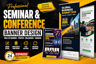 design seminar and conference roll up banner, poster, billboard, signage design