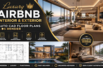 design 3d luxury airbnb interior, exterior design, autocad floor plans, d5render