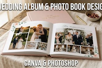 design a wedding album, photo book or memory book in canva and adobe photoshop