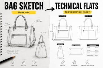 draw professional bag technical flats and sketches