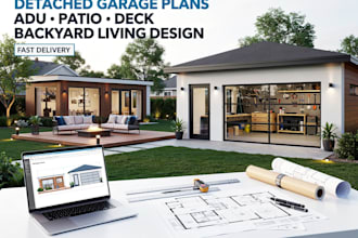 draw detached garage plans adu workshop patio deck backyard living layouts