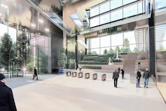 do commercial, office space, photorealistic interior, exterior design, render