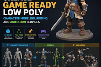 create game ready low poly character modeling, rigging and product animation