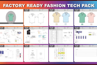 create fashion tech pack, flat sketch, clothing cad for manufacturers