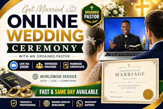 officiate online wedding ceremony, provide witness and marriage certificate