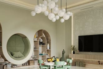 render 3d kid play room,play village layout,kids birthday restaurant,walkthrough