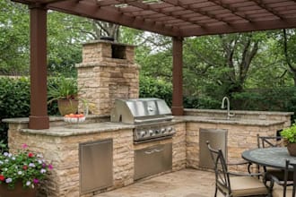 design backyard, landscape, patio, pergola, garden, and outdoor kitchen space