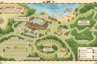 design resort map, hotel map, campground map, rv park map, and tourist map