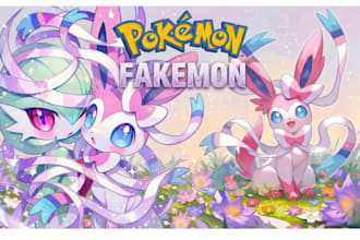 do pokemon logo, fakemon, chibi art, funke, anime style, trainer card, and text