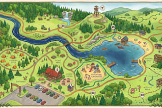 design illustrated site plan, visitor map, wayfinding map, property map