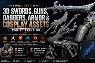design 3d swords, guns, daggers, armor and cosplay assets for 3d printing