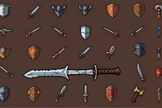 design pixel art game assets weapons items for 2d pixel indie games