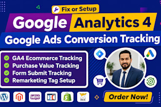 setup ga4, ecommerce tracking, events tracking and google ads conversion