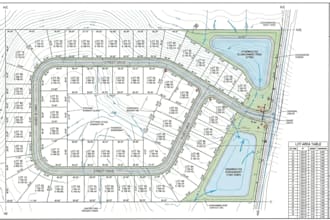 design land subdivision layout with lot area table and cut fill quantities