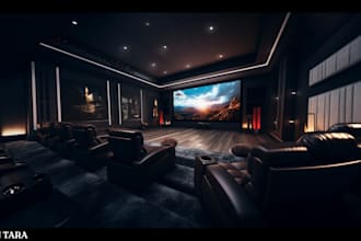 design realistic 3d home theater, cinema room and movie room interior