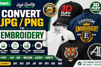 convert jpg png to embroidery dst pes file 3d puff cap hat wilcom jacket 1hour