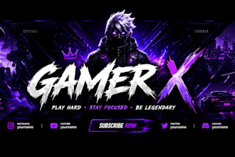 design professional gaming youtuber banner and channel art