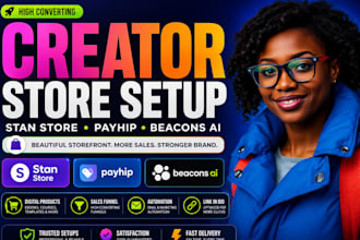 setup your stan store digital products, payhip store promotion, beacons ai store