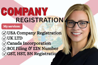 register USA llc, UK ltd, canada company incorporation, gst, ein and boi filing