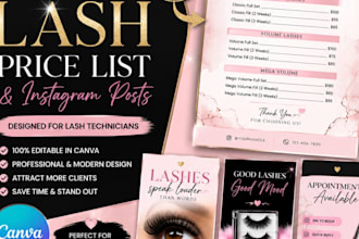 design editable canva lash technician price list and instagram posts