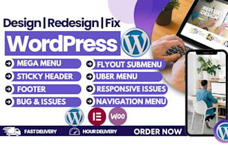 design or fix wordpress header, footer, mega menu and responsive navigation menu