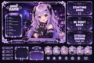 design anime vtuber overlay and emotes stream package assets for twitch and obs