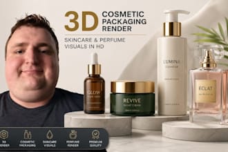 realistic 3d cosmetic packaging render, skincare bottle, perfume visuals in HD