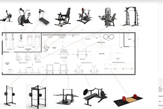 redraw gym floor plan, fitness facility layout,workout equipment,training center