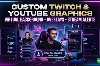 design custom twitch youtube virtual background and streamer overlays alerts