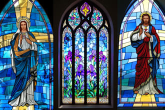 custom stained glass art, modern mosaic, window panels and church stained glass