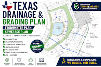 design texas drainage plan, grading plan drawing, stormwater plan, sewerage plan