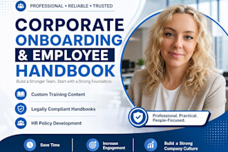 create coporate onboarding training course content and employee handbook