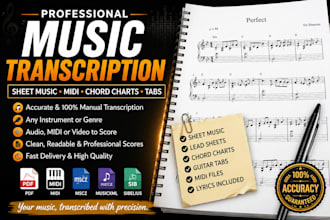 transcribe audio, chord charts, lead sheets, tabs, sheet music