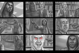 draw a cinematic storyboard for animation,film,tv pitch, ads, youtube video