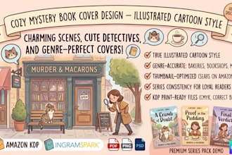 design cozy mystery book cover design and illustrated cartoon style
