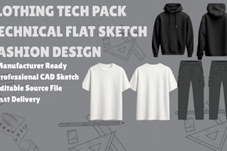 create clothing tech pack, fashion tech pack and technical flat sketch
