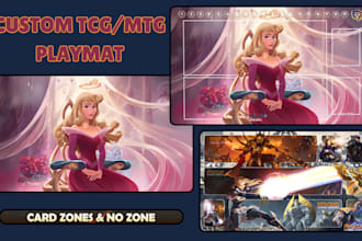 design custom lorcana mtg deskmat, tcg playmat, cartoon deskpad with card zones