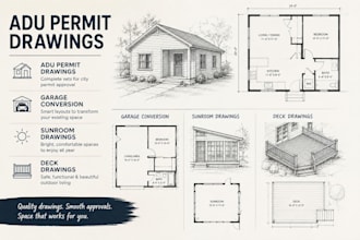 make design adu permit drawing, garage conversion, sunroom and deck drawings