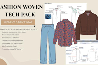 create a fashion woven tech pack and garment specification sheet